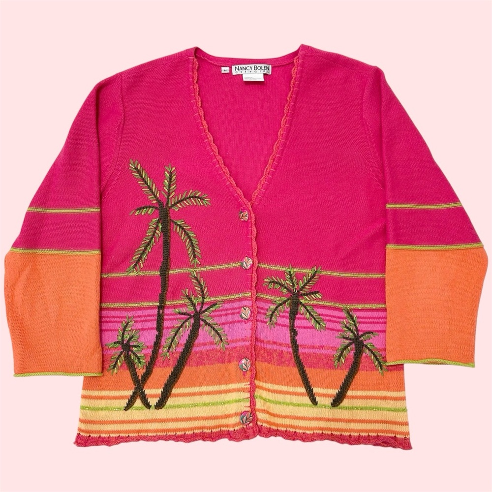 Vintage Nancy Bolen City Girl Pink Palm Tree Cardigan Coastal Grandma Medium
